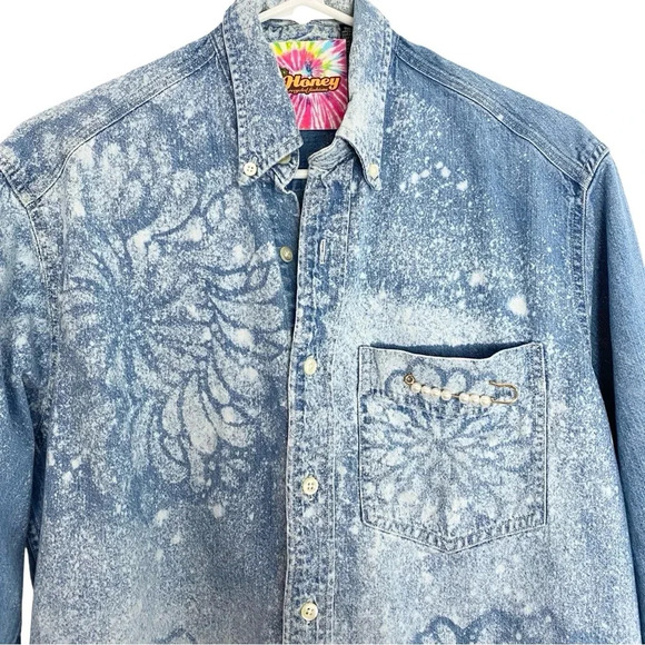 Handmade Boho Denim Shirt Floral Stencil Bleached Womens Small Medium Chambray - Picture 3 of 9